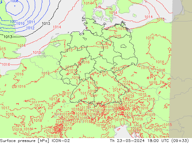 Atmosférický tlak ICON-D2 Čt 23.05.2024 18 UTC