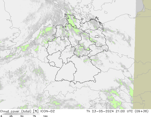 Cloud cover (total) ICON-D2 Čt 23.05.2024 21 UTC