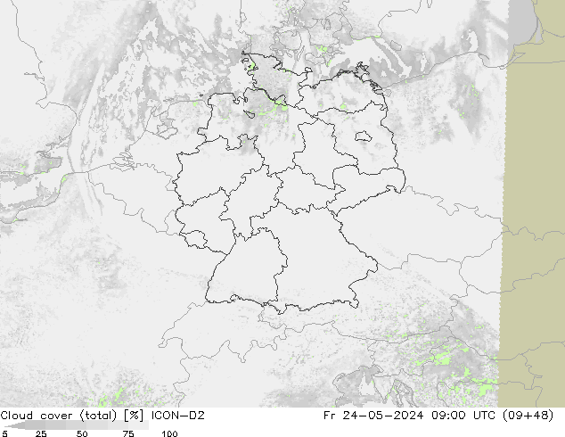 Cloud cover (total) ICON-D2 Pá 24.05.2024 09 UTC