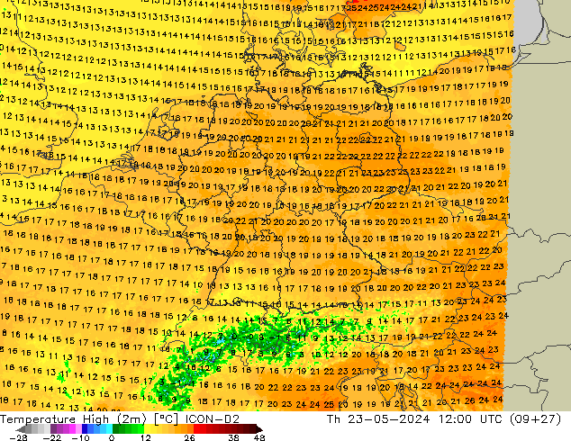 Max. Temperatura (2m) ICON-D2 czw. 23.05.2024 12 UTC