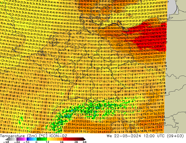 Temperatura (2m) ICON-D2 mié 22.05.2024 12 UTC