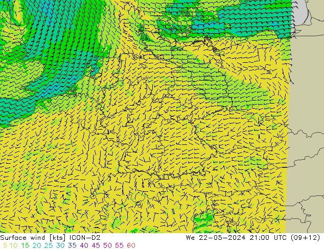 wiatr 10 m ICON-D2 śro. 22.05.2024 21 UTC
