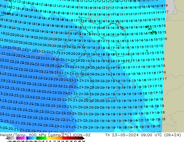 Height/Temp. 500 hPa ICON-D2 Čt 23.05.2024 09 UTC