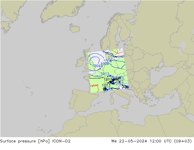 Surface pressure ICON-D2 We 22.05.2024 12 UTC