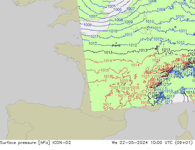 Surface pressure ICON-D2 We 22.05.2024 10 UTC