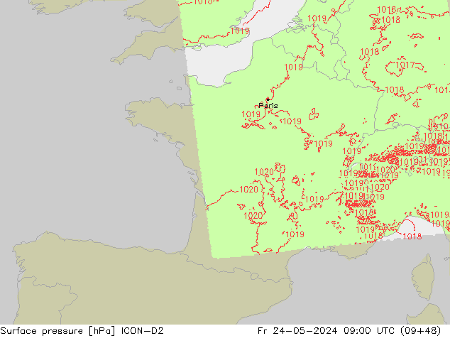 Luchtdruk (Grond) ICON-D2 vr 24.05.2024 09 UTC