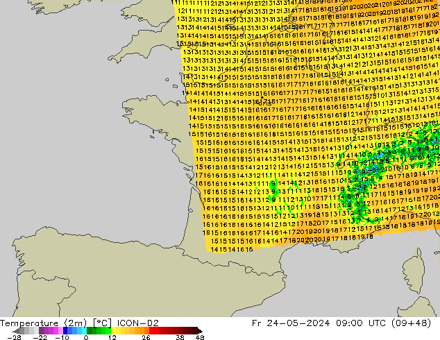 Temperature (2m) ICON-D2 Pá 24.05.2024 09 UTC