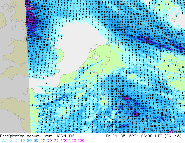 Precipitation accum. ICON-D2 Pá 24.05.2024 09 UTC