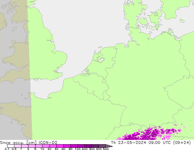 Snow accu. ICON-D2 星期四 23.05.2024 09 UTC