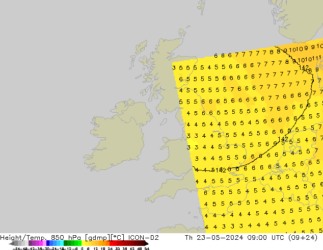 Height/Temp. 850 hPa ICON-D2 Čt 23.05.2024 09 UTC