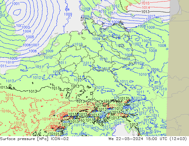 地面气压 ICON-D2 星期三 22.05.2024 15 UTC