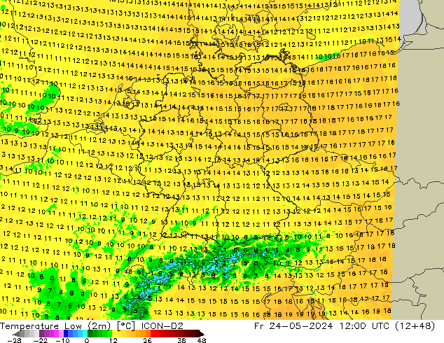 température 2m min ICON-D2 ven 24.05.2024 12 UTC