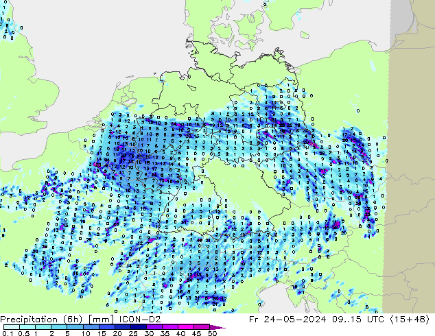 Precipitation (6h) ICON-D2 Pá 24.05.2024 15 UTC