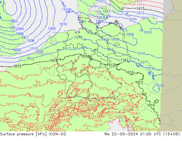 Presión superficial ICON-D2 mié 22.05.2024 21 UTC