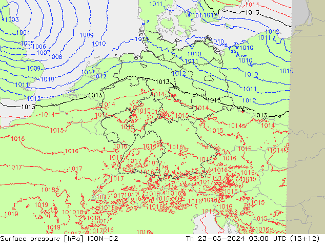 Atmosférický tlak ICON-D2 Čt 23.05.2024 03 UTC