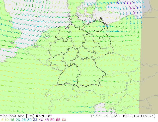 Vent 850 hPa ICON-D2 jeu 23.05.2024 15 UTC