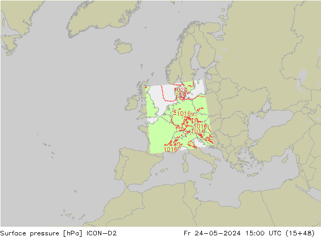 Pressione al suolo ICON-D2 ven 24.05.2024 15 UTC