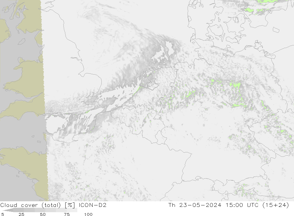 Cloud cover (total) ICON-D2 Th 23.05.2024 15 UTC