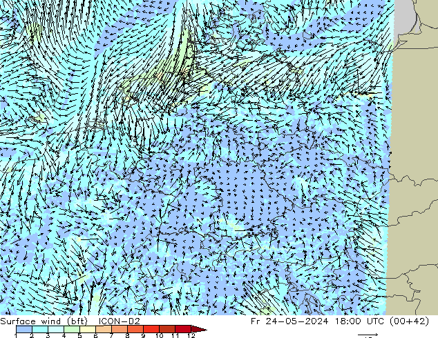 Surface wind (bft) ICON-D2 Pá 24.05.2024 18 UTC