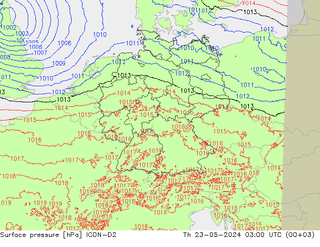 Presión superficial ICON-D2 jue 23.05.2024 03 UTC