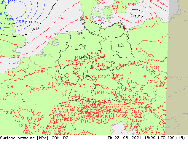 Atmosférický tlak ICON-D2 Čt 23.05.2024 18 UTC