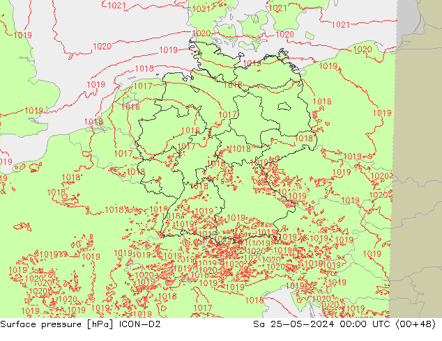 Presión superficial ICON-D2 sáb 25.05.2024 00 UTC