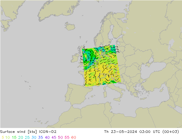 风 10 米 ICON-D2 星期四 23.05.2024 03 UTC