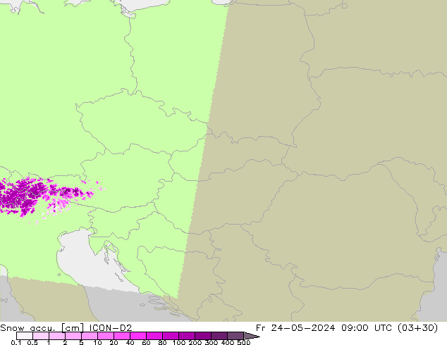 Snow accu. ICON-D2 Fr 24.05.2024 09 UTC
