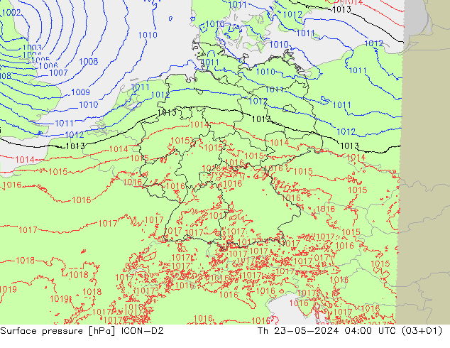 地面气压 ICON-D2 星期四 23.05.2024 04 UTC