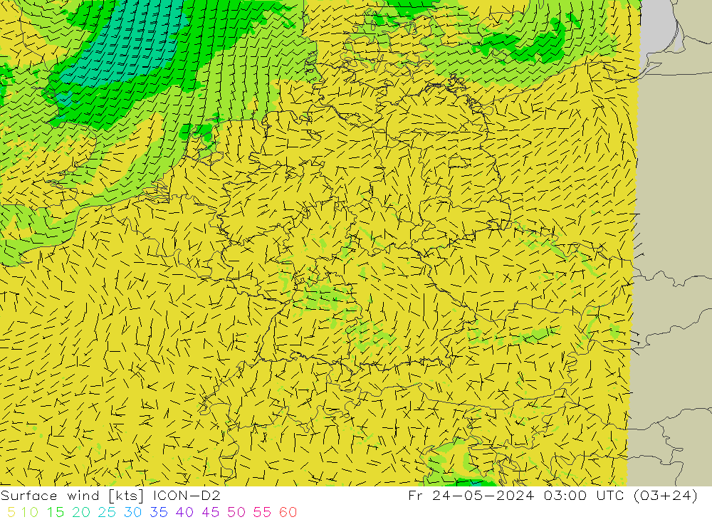 风 10 米 ICON-D2 星期五 24.05.2024 03 UTC