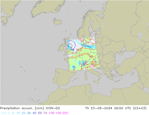 Precipitation accum. ICON-D2 星期四 23.05.2024 06 UTC