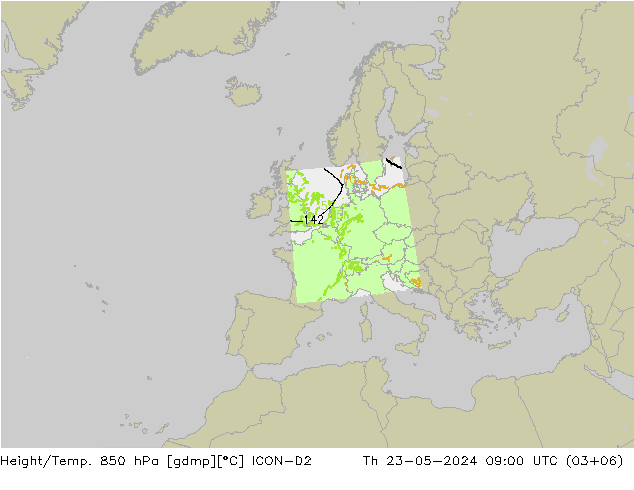 Geop./Temp. 850 hPa ICON-D2 jue 23.05.2024 09 UTC