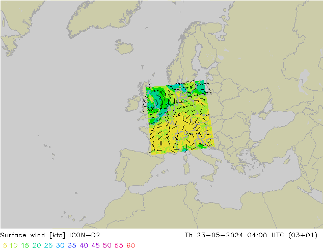 风 10 米 ICON-D2 星期四 23.05.2024 04 UTC