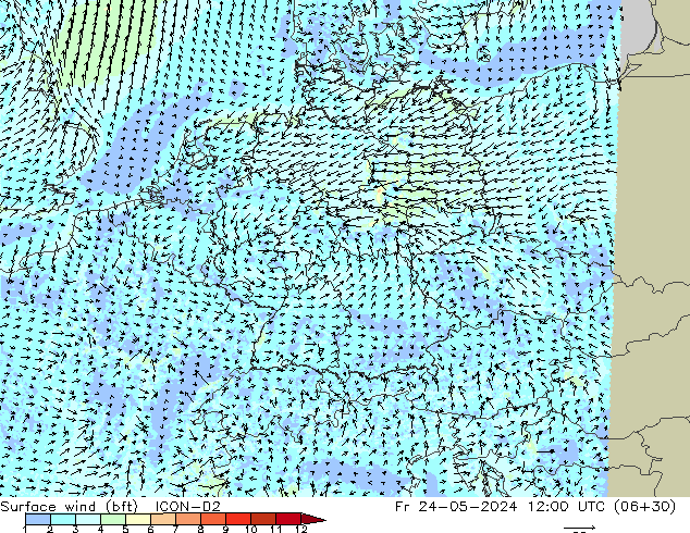 Surface wind (bft) ICON-D2 Fr 24.05.2024 12 UTC
