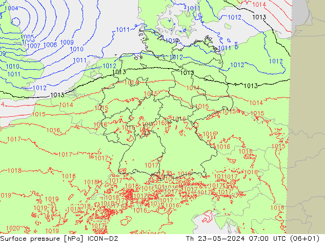 地面气压 ICON-D2 星期四 23.05.2024 07 UTC