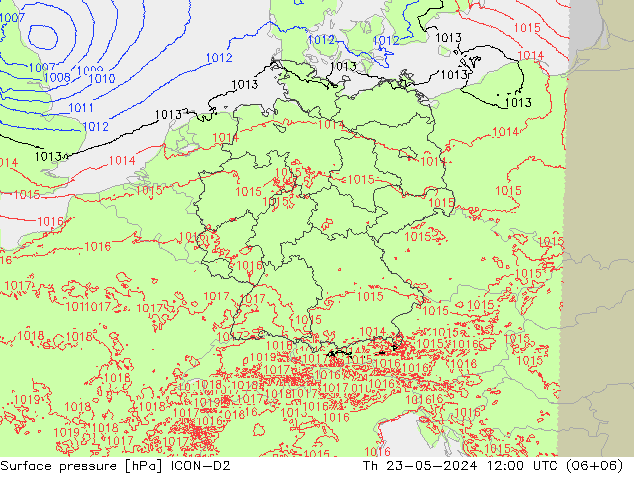 pressão do solo ICON-D2 Qui 23.05.2024 12 UTC