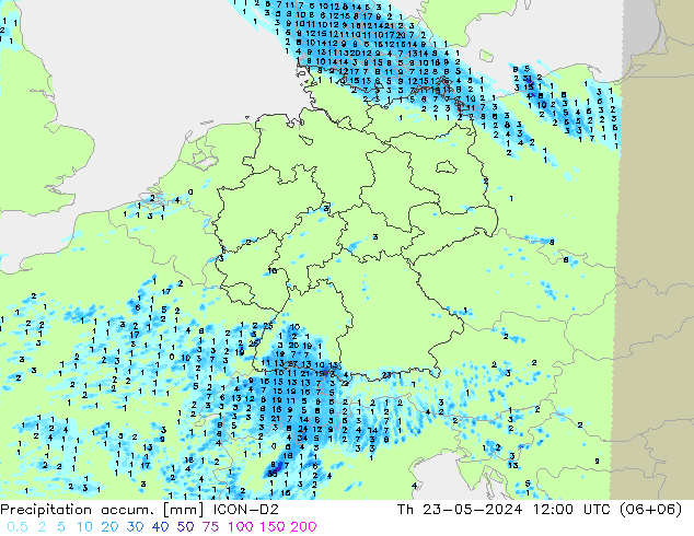 Precipitation accum. ICON-D2 星期四 23.05.2024 12 UTC