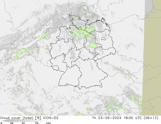 Nubes (total) ICON-D2 jue 23.05.2024 18 UTC