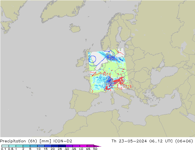 Precipitación (6h) ICON-D2 jue 23.05.2024 12 UTC