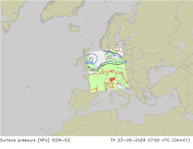 地面气压 ICON-D2 星期四 23.05.2024 07 UTC