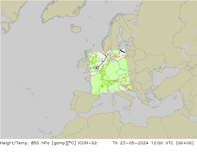 Height/Temp. 850 hPa ICON-D2 Čt 23.05.2024 12 UTC