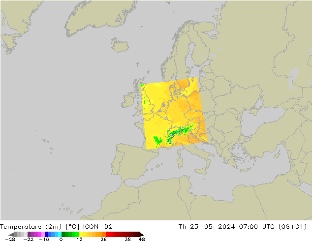 温度图 ICON-D2 星期四 23.05.2024 07 UTC