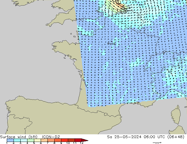 Surface wind (bft) ICON-D2 Sa 25.05.2024 06 UTC