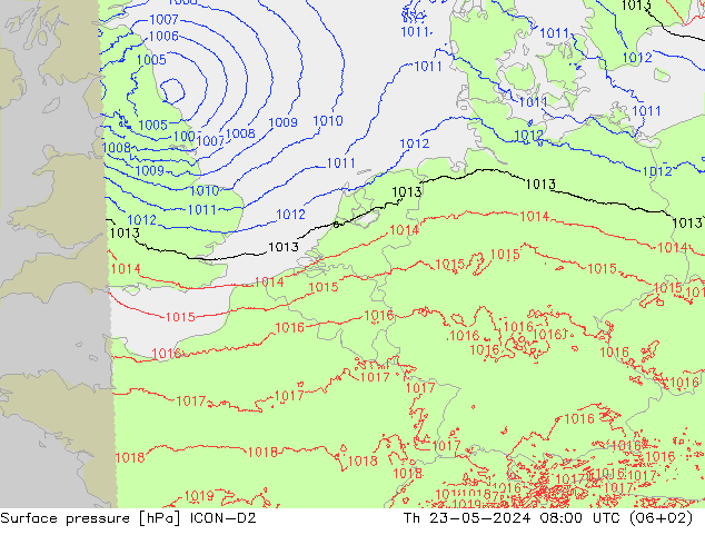 地面气压 ICON-D2 星期四 23.05.2024 08 UTC