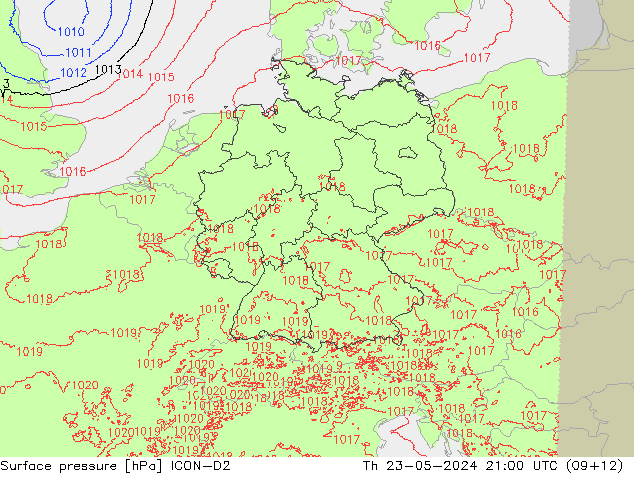 Atmosférický tlak ICON-D2 Čt 23.05.2024 21 UTC