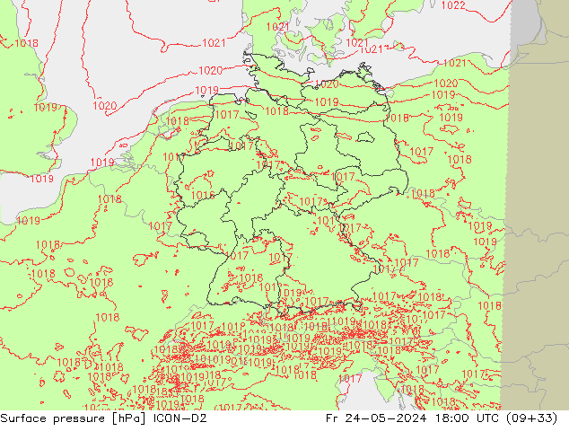 Atmosférický tlak ICON-D2 Pá 24.05.2024 18 UTC