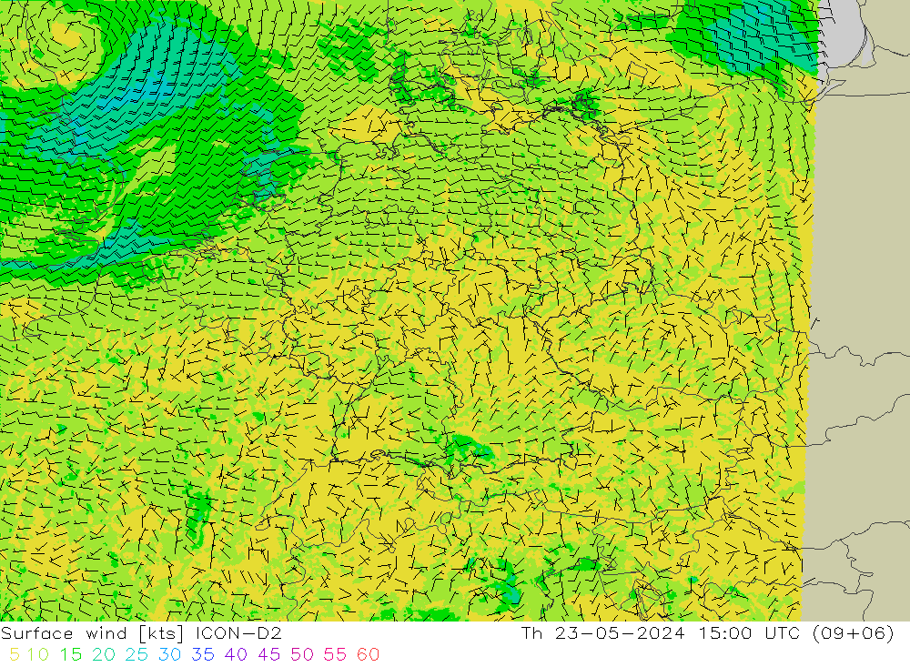 风 10 米 ICON-D2 星期四 23.05.2024 15 UTC
