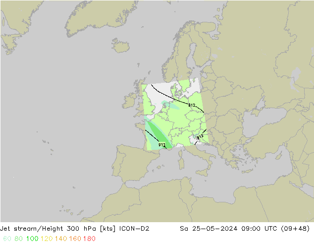 Corriente en chorro ICON-D2 sáb 25.05.2024 09 UTC
