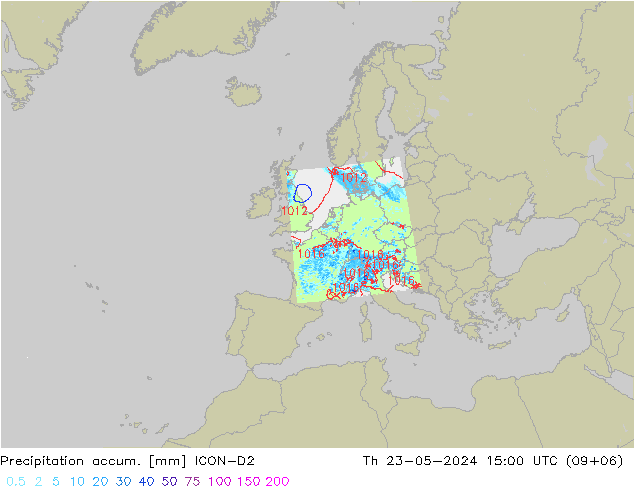 Precipitation accum. ICON-D2 星期四 23.05.2024 15 UTC