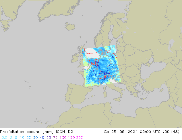 Precipitation accum. ICON-D2 Sa 25.05.2024 09 UTC